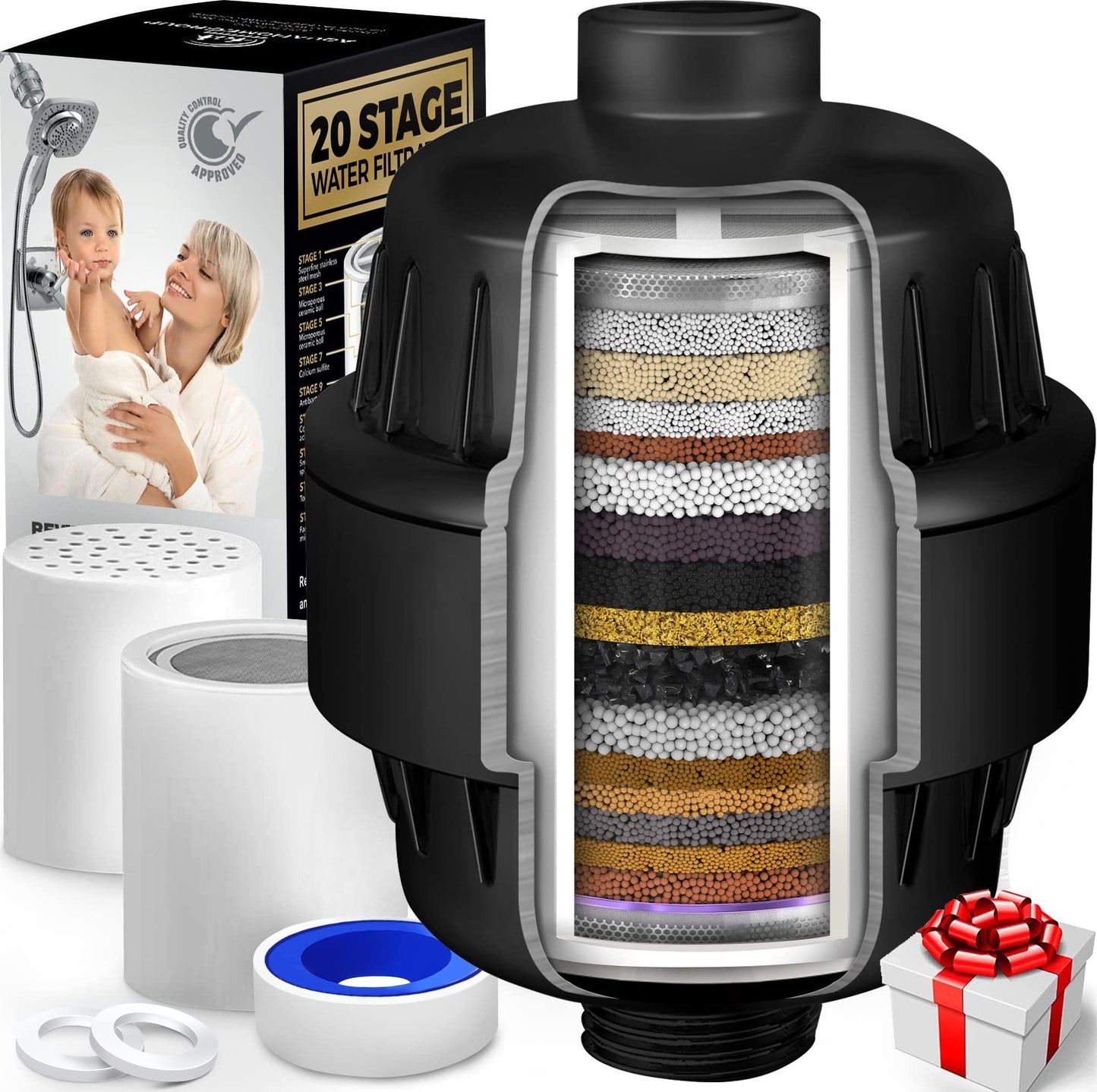 20 Stage Shower Head Filter with Vitamin C E A for Hard Water Black Color High