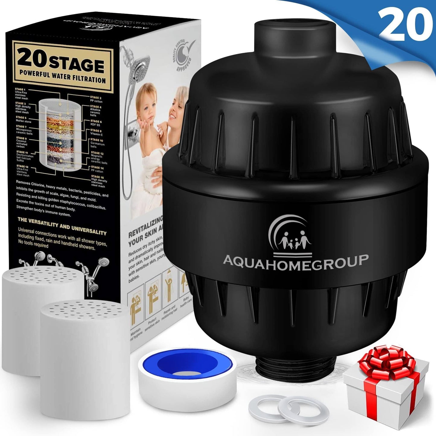 20 Stage Shower Head Filter with Vitamin C E A for Hard Water Black Color High